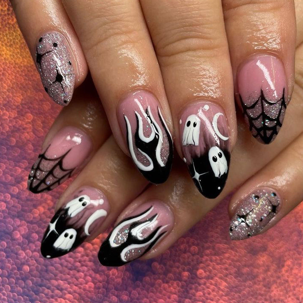 Spooky Elegance Long Almond Pink and Black Press On Nail Set with Glitter Accents and Ghost Design