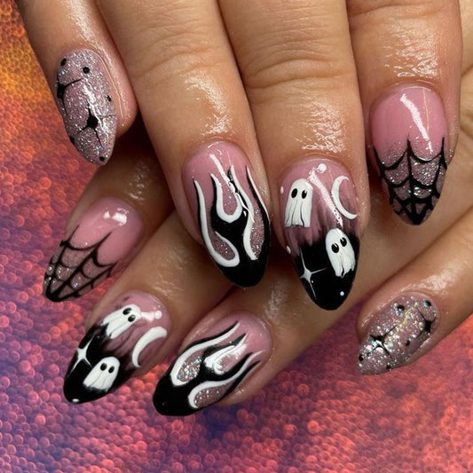 Spooky Elegance Long Almond Pink and Black Press On Nail Set with Glitter Accents and Ghost Design