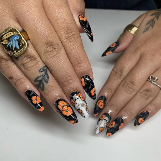 Floral Fantasy Extra Long Almond Black and White Press On Nail Set with Orange Accents and Marble Design