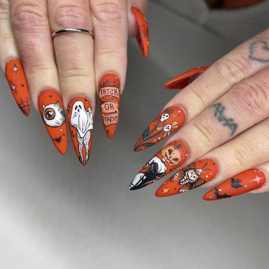 Spooky Halloween Theme Extra Long Stiletto Orange Press On Nail Set with Festive Cartoon Accents