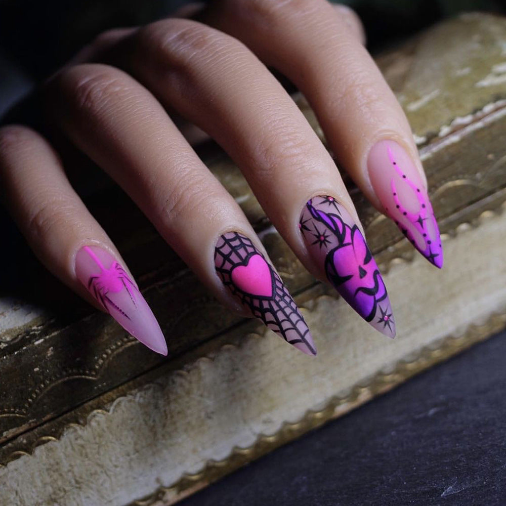 Enchanted Evening Long Stiletto Pink and Black Spiderweb Press On Nail Set with Heart Accents