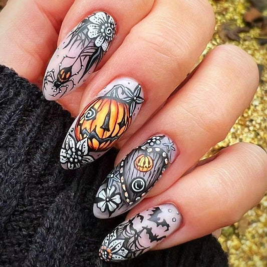 Spooky Elegance Long Almond Grey Halloween Themed Press On Nails with Artistic Pumpkin and Bat Designs