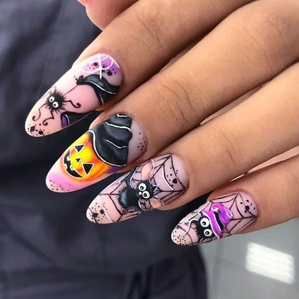 Spooky Elegance Long Almond Purple Black Halloween Themed Press On Nail Set with Cartoon Bats and Pumpkins