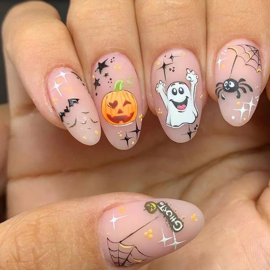 Spooky Elegance Medium-Length Oval Pink Press On Nail Set with Halloween Embellishments