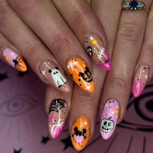 Spooky Elegance Long Almond-Shaped Pink Orange Halloween Themed Press On Nail Set with Unique Ghost and Pumpkin Art Designs