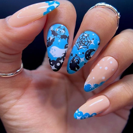 Enchanted Halloween Long Almond Blue and Beige Press On Nail Set with Spooky Ghosts and Web Accents