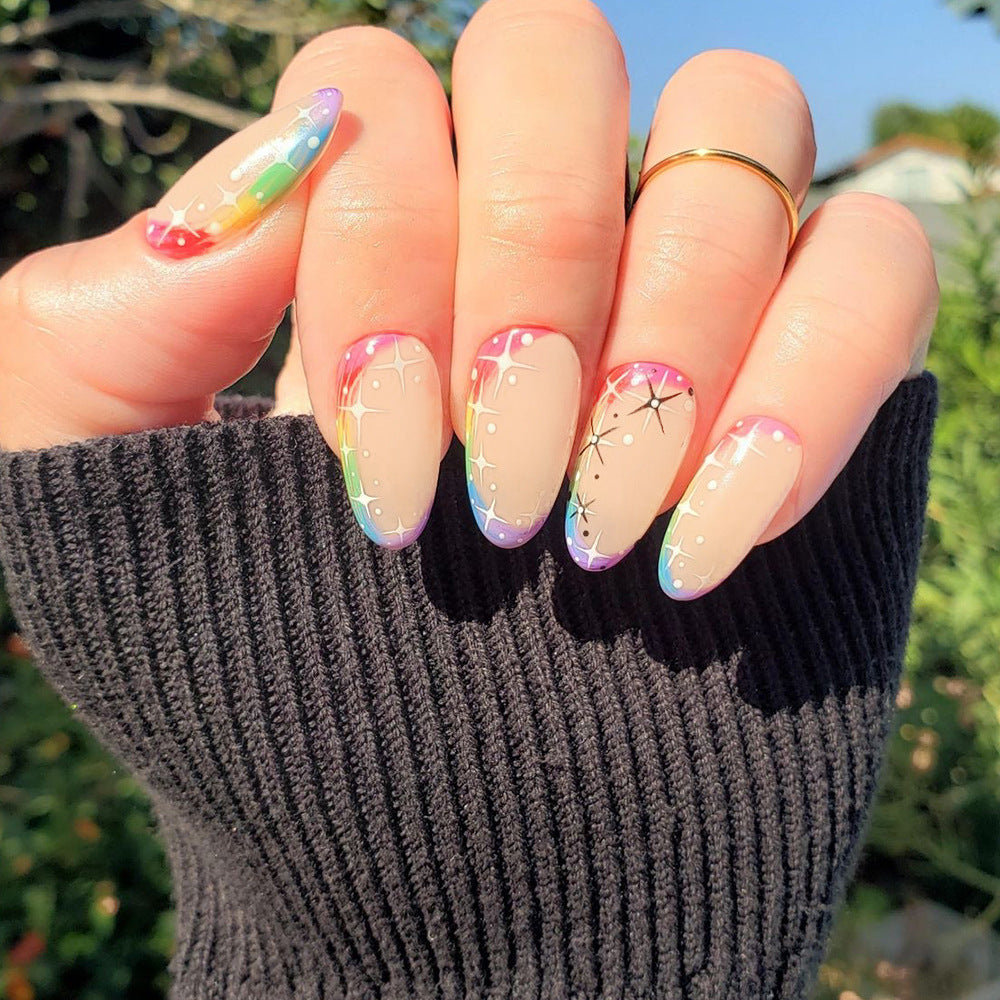 Springtime Celebration Medium Almond Clear Rainbow Drip Press On Nail Set with Star Accents