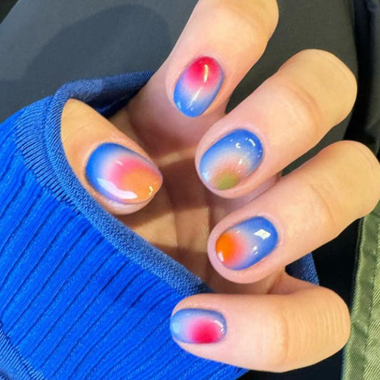 Cosmic Rainbow Ombre Short Oval Press On Nail Set with Glossy Finish - Multi-Color Artificial Nail Tips