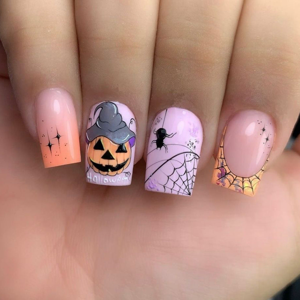Spooky Elegance Short Square Pink Press On Nail Set with Halloween Themed Art Design