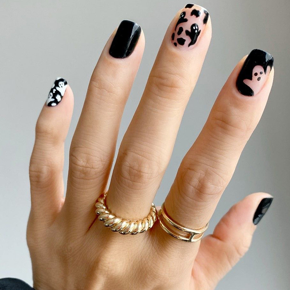 Spooky Glam Short-Length Square Black and White Ghost Patterned Press On Nail Set