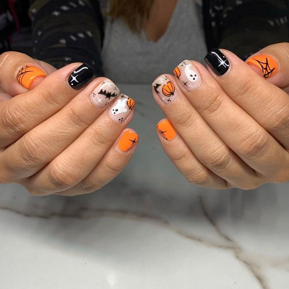 Spooky Elegance Short Length Square Shape Orange Black Halloween Themed Press On Nail Set with Fun Ghost and Bat Designs