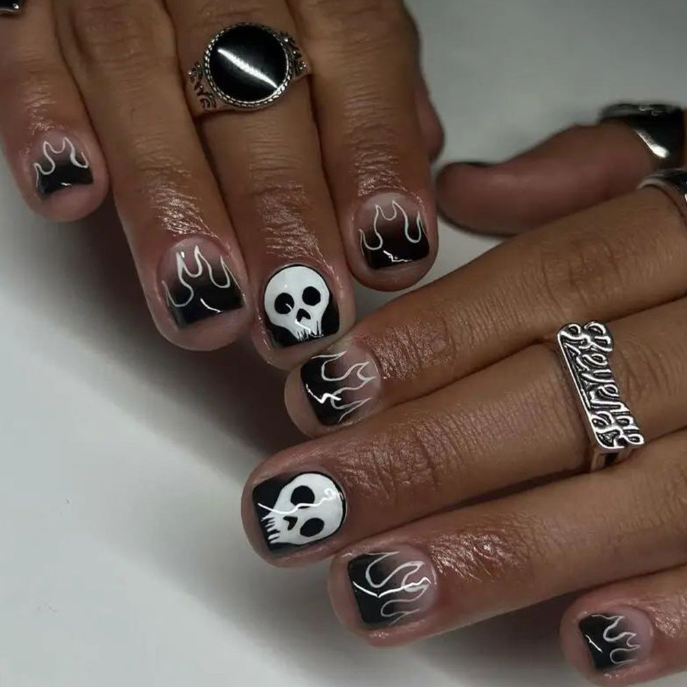 Gothic Glamour Short-Length Square Black Press On Nails with White Skull and Flames Design