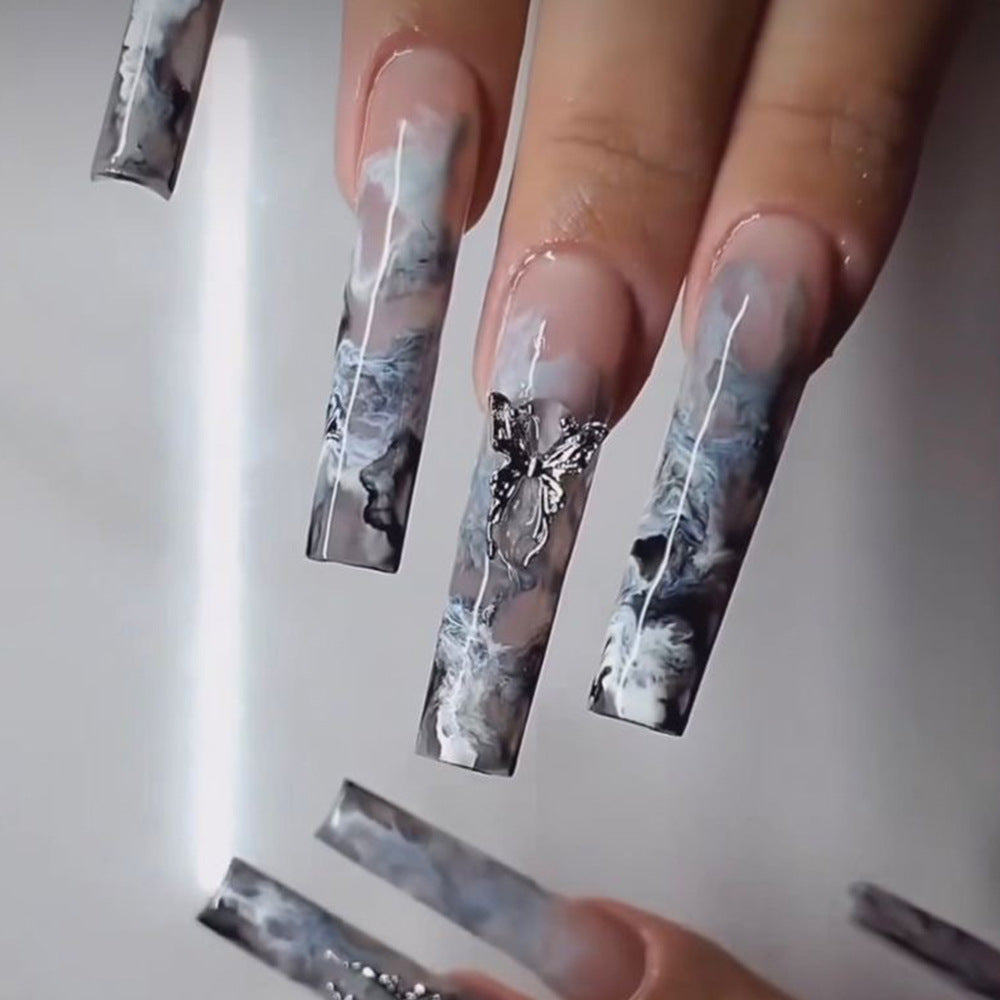 Ethereal Marble Elegance Extra Long Coffin Shaped Grey Press On Nail Set with Embellished Butterfly Accent