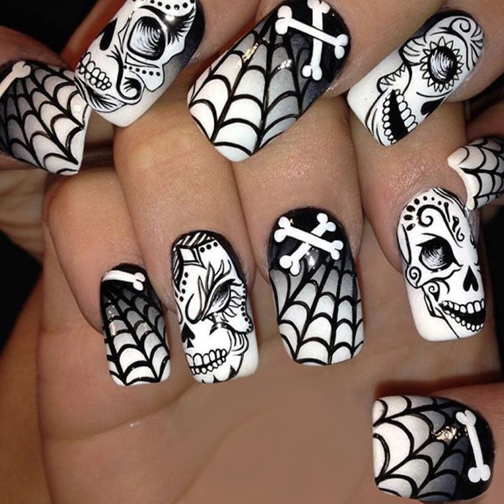 Gothic Elegance Long Round Black and White Skull and Web Design Press On Nail Set
