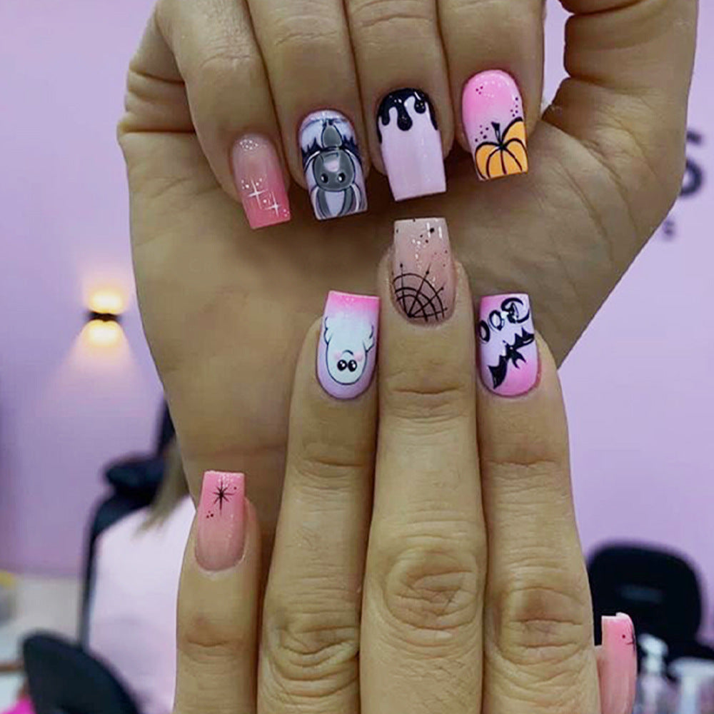 Enchanted Whimsy Long Coffin Pink Press On Nail Set with Cartoon Accent Art