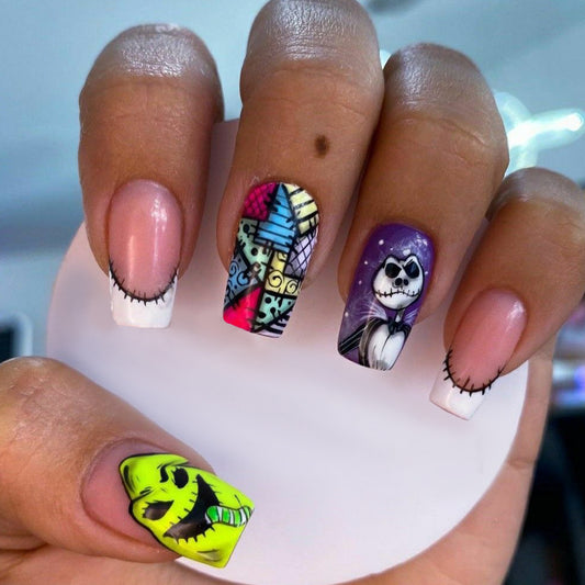 Enchanted Halloween Long Coffin Multicolor Press On Nail Set with Spooky Character Art Designs