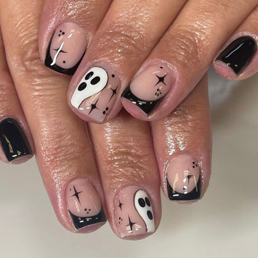 Spooky Elegance Short Square Black and Pink Press On Nail Set with Ghost Art Design