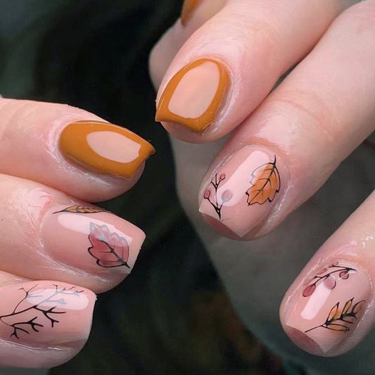 Autumn Elegance Short Coffin Brown and Beige Press On Nail Set with Unique Leaf Design