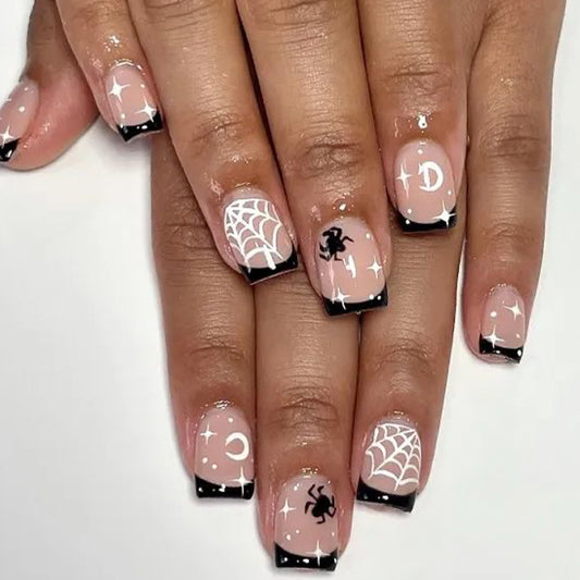 Enchanted Evening Long Square Pink Press On Nail Set with Spiderweb and Crescent Moon Accents