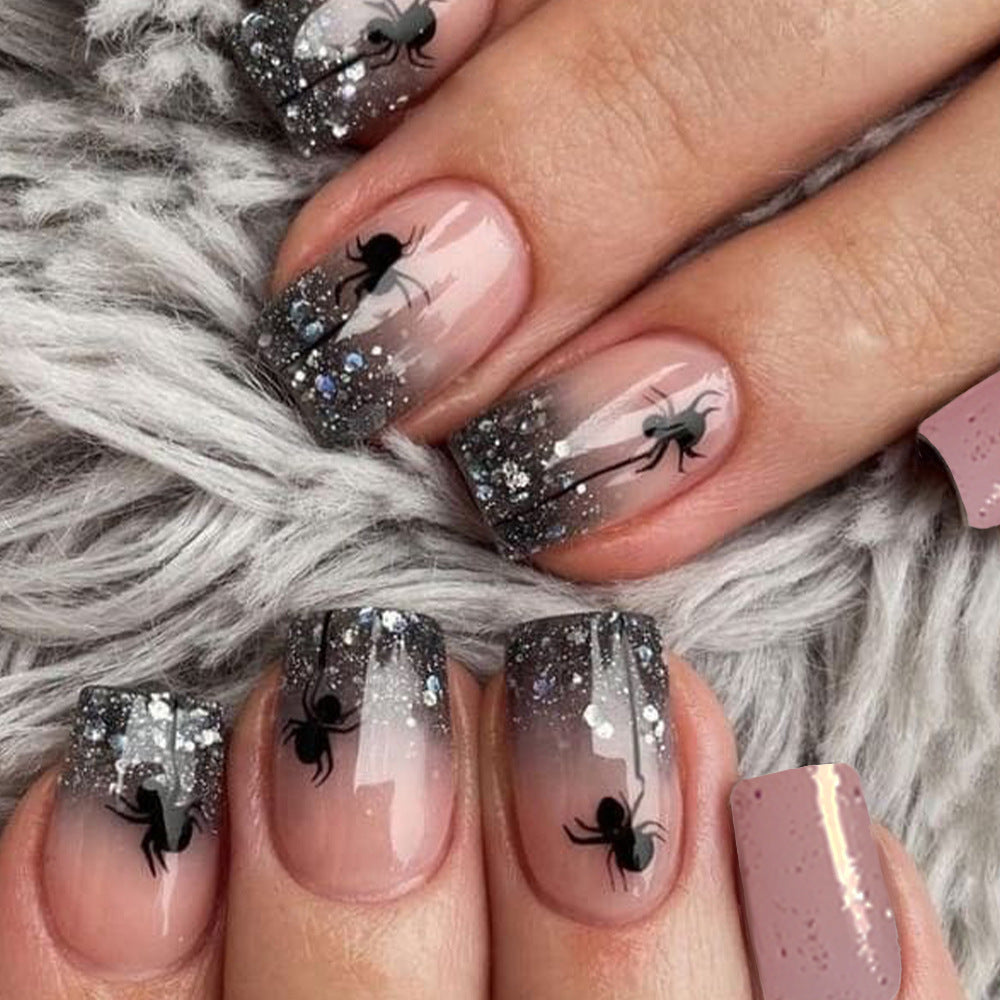 Enchanted Spider Design Medium Coffin Shape Pink and Silver Glitter Press On Nail Set with 3D Embellishments