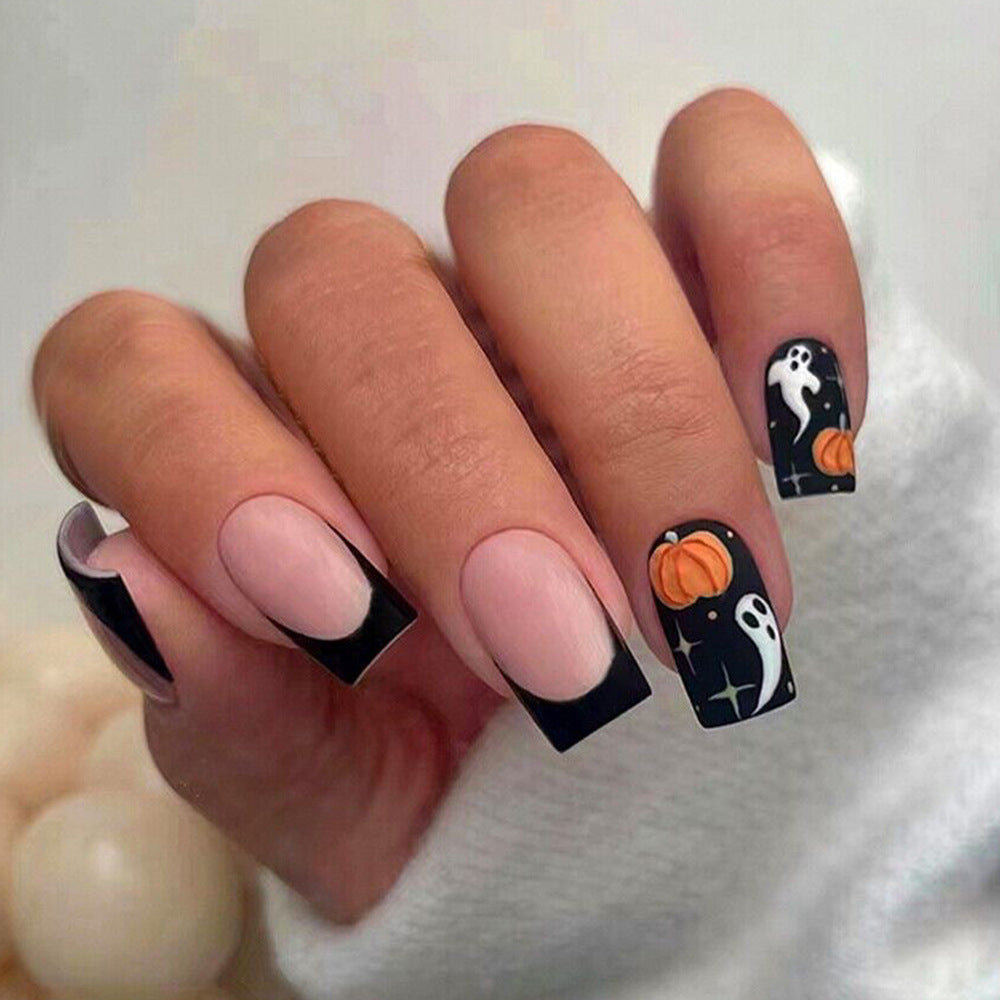 Halloween Spirit Long Square Black and Beige Press On Nail Set Featuring Pumpkin and Ghost Design