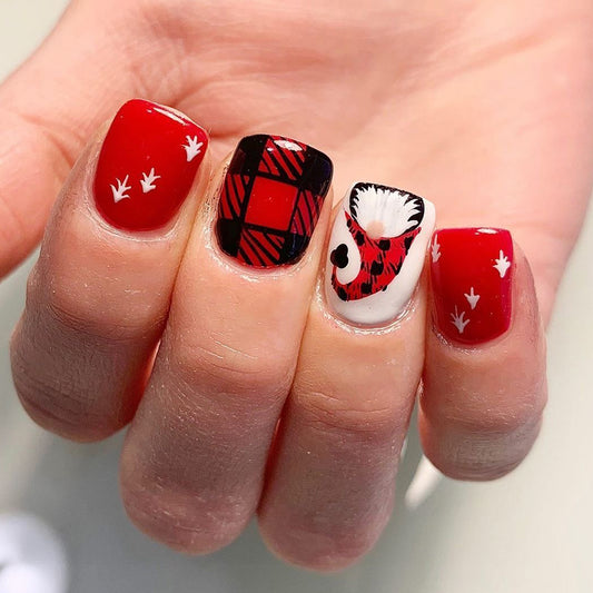 Festive Plaid Square Short Red Press On Nail Set with Unique Hand-painted Designs