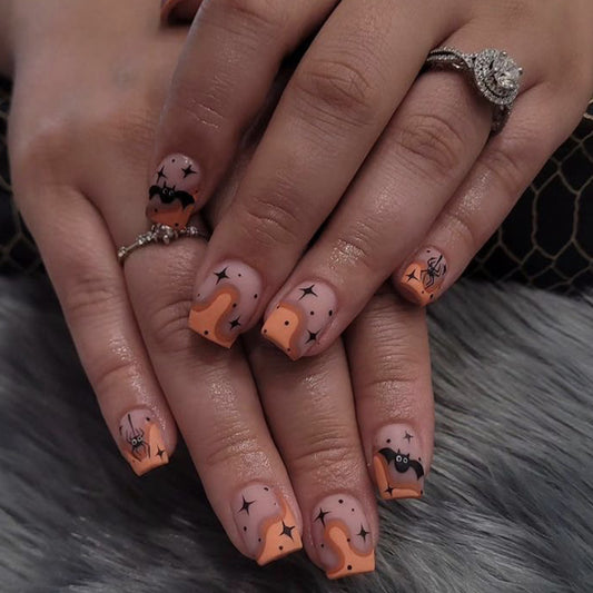 Spooky Halloween Themed Short Square Orange Press On Nail Set with Fun Bat and Spider Designs