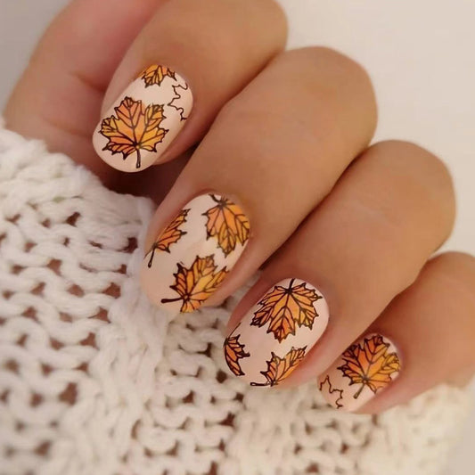 Autumn Bliss Medium Oval Beige Orange Leaf Press On Nail Set