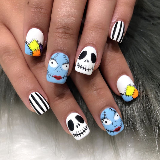 Halloween Whimsical Short Square Blue and White Press On Nail Set with Fun Cartoon Characters and Colorful Patterns