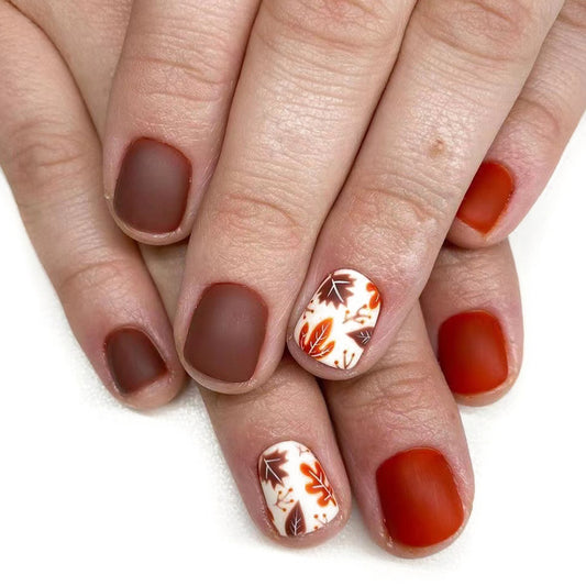Autumn Elegance Short Square Matte Burgundy and Orange Press On Nail Set with Leaf Design