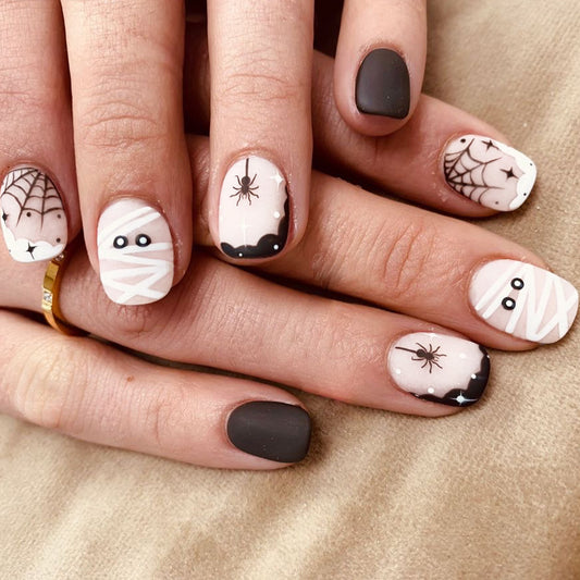 Spooky Halloween Press On Nail Set Short Oval Black and White with Fun Spider and Mummy Designs
