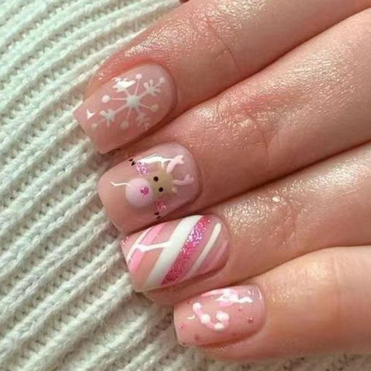 Winter Wonderland Medium Square Pink Press On Nail Set with Snowflake and Reindeer Design