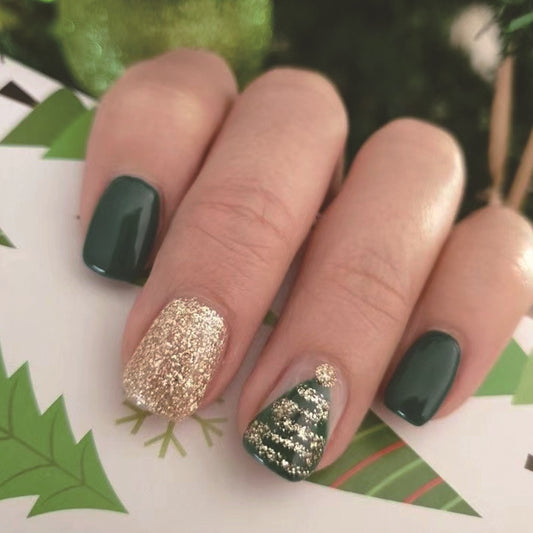 Festive Green and Gold Medium Square Press on Nail Set with Glitter Christmas Tree Accent