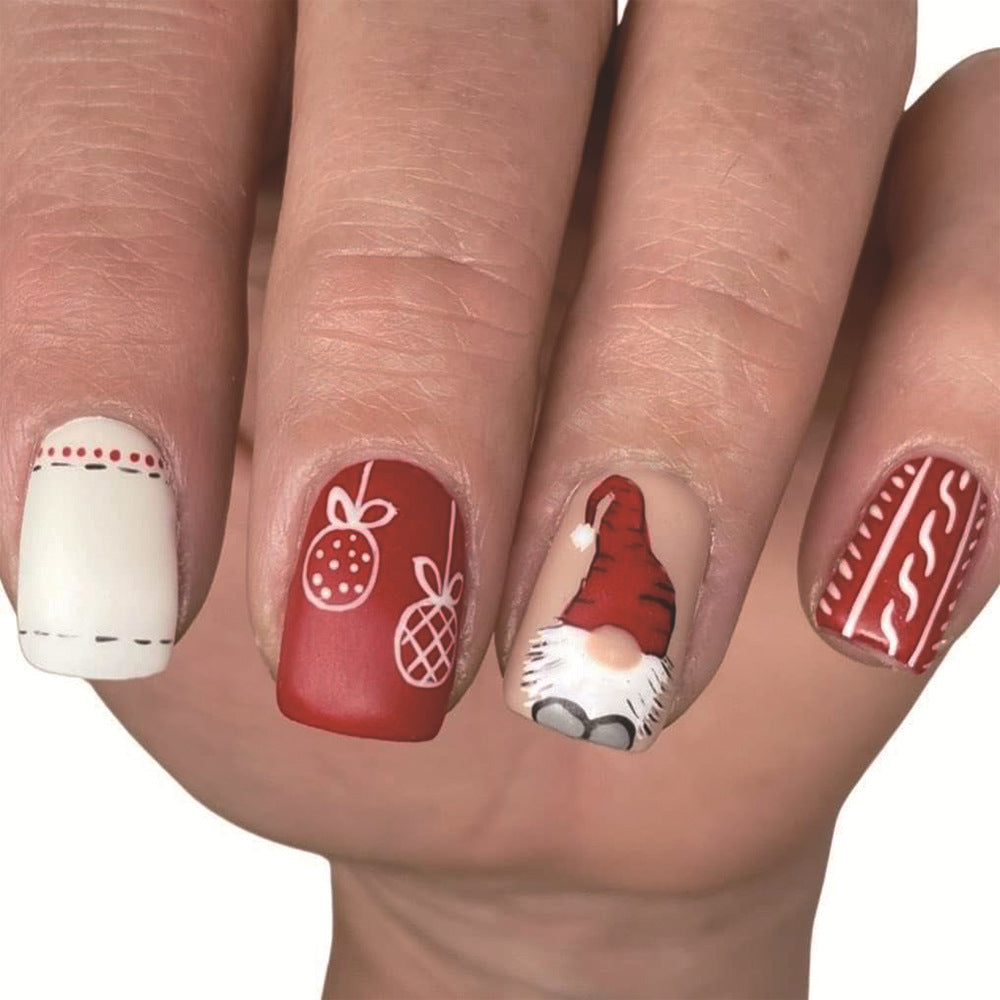 Festive Holiday Charm Medium Square Red and White Press On Nail Set with Cute Santa and Ornament Designs