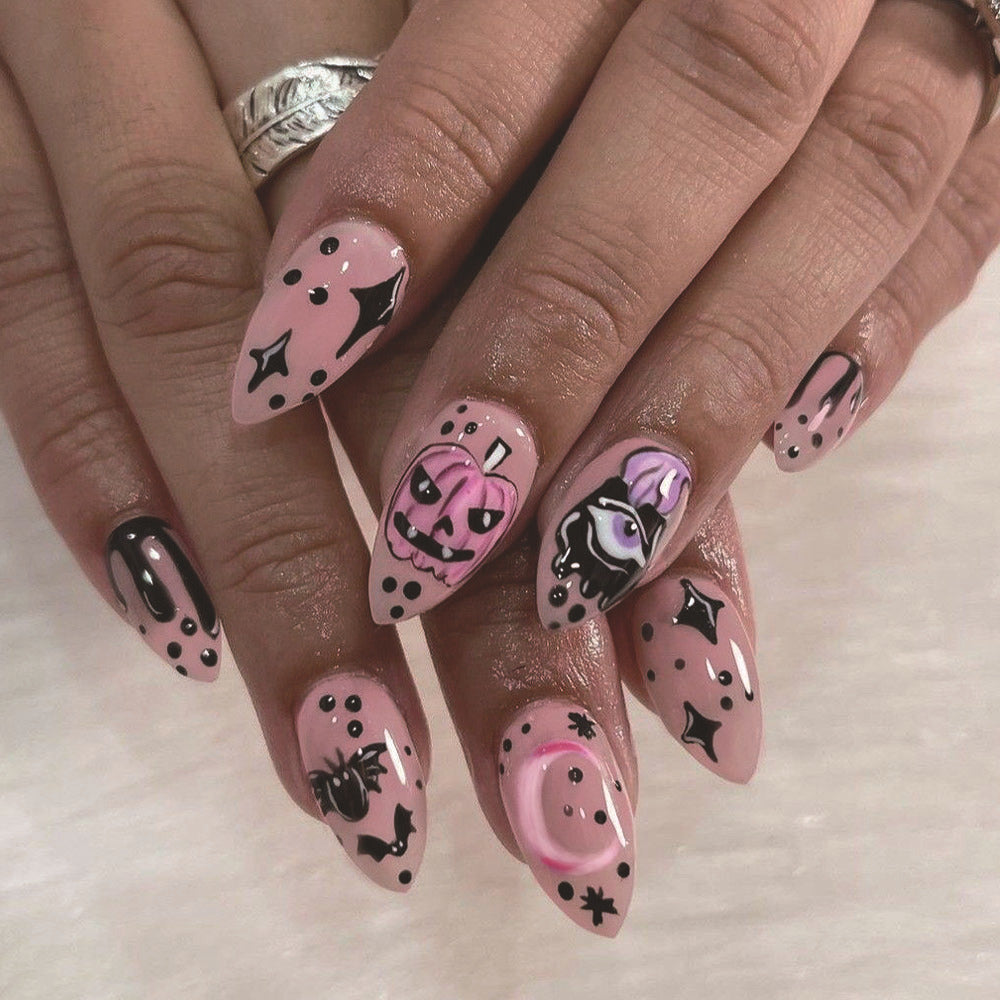 Spooky Vibes Long Almond Pink and Black Press On Nail Set with Pumpkin and Spider Designs