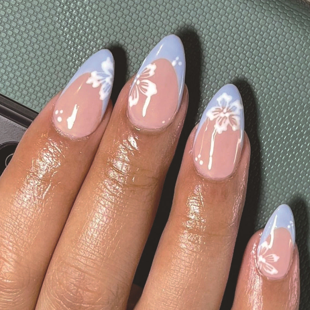 Floral Dreams Long Almond Blue and Pink Press On Nail Set with Artistic Flower Design