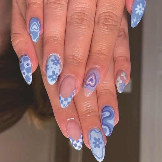Blue Breeze Artistic Almond Press On Nail Set Long Almond Blue Floral and Heart Designs