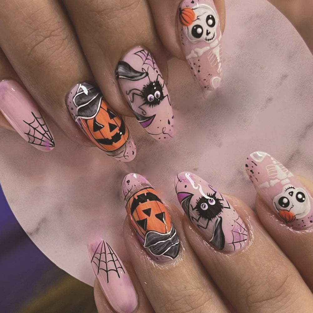 Spooky Halloween Long Oval Pink Press On Nail Set with Creepy Characters and Spider Web Designs