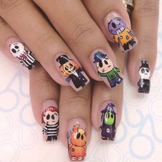 Spooktacular Long Square Press On Nail Set Featuring Colorful Halloween Characters and Unique Artistic Design