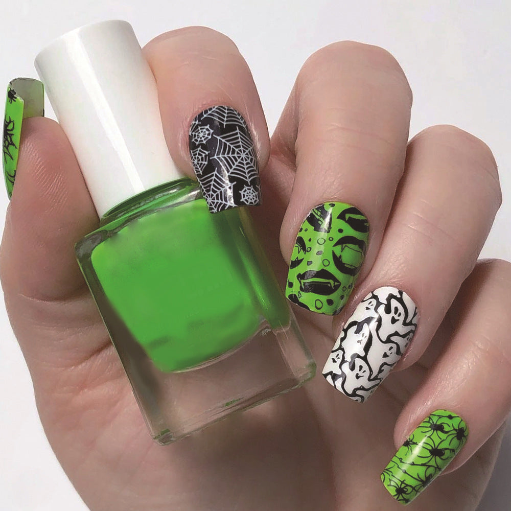 Spooky Halloween Long Square Green Black and White Press On Nail Set with Fun Ghost and Spider Designs