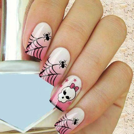 Spooky Glam Long Square Pink Gradient Press On Nail Set with Skull and Spider Design