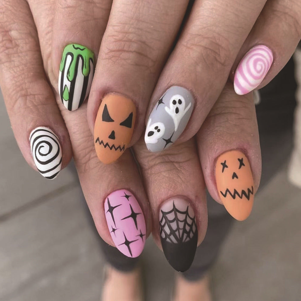 Spooky Halloween Themed Long Almond Orange Green Black Purple Press On Nail Set with Ghosts and Jack O'Lantern Designs