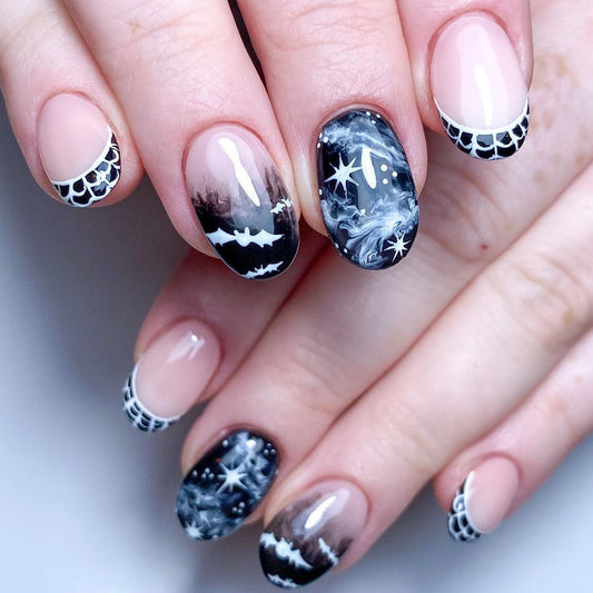 Mystical Night Sky Medium Oval Black and Beige Press On Nail Set with Starry Design