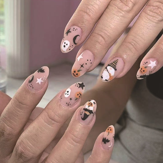 Enchanting Halloween Almond Medium Orange and Black Press On Nail Set with Whimsical Ghosts and Stars