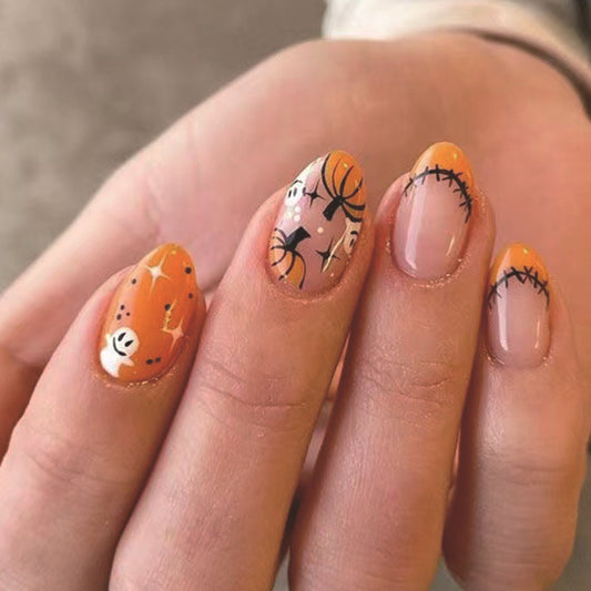 Spooky Fall Vibes Medium Almond Orange and Pink Press On Nail Set with Ghost and Spider Designs