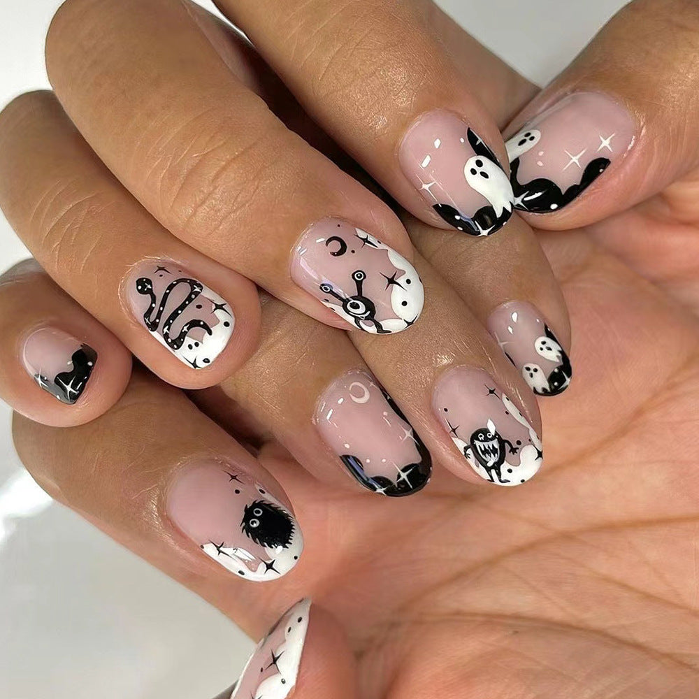 Spooky Nights Medium Oval Pink and Black Glow in the Dark Press On Nail Set