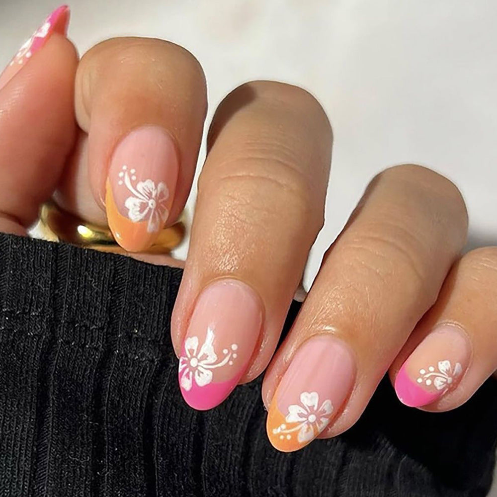 Tropical Paradise Long Almond Pink Ombre Press On Nail Set with Floral Accent Design
