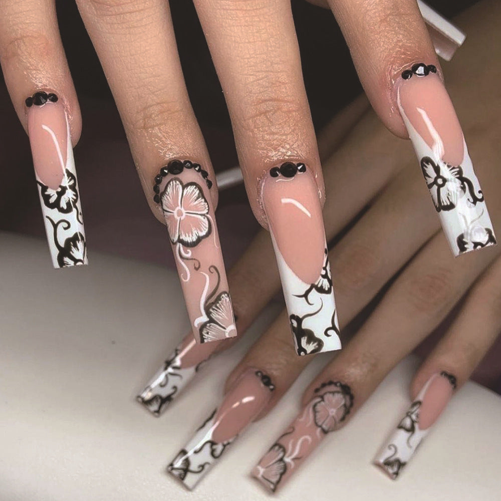 Floral Elegance Long Square Press On Nail Set in Pink and White with Intricate Black Designs and 3D Accents