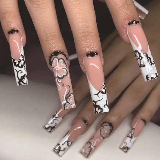 Floral Elegance Long Square Press On Nail Set in Pink and White with Intricate Black Designs and 3D Accents