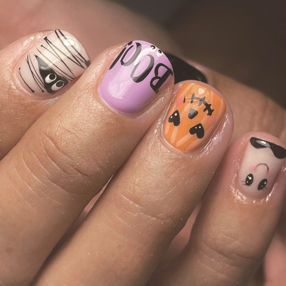 Spooktacular Short Square Colorful Halloween Press On Nail Set with Fun Character Designs